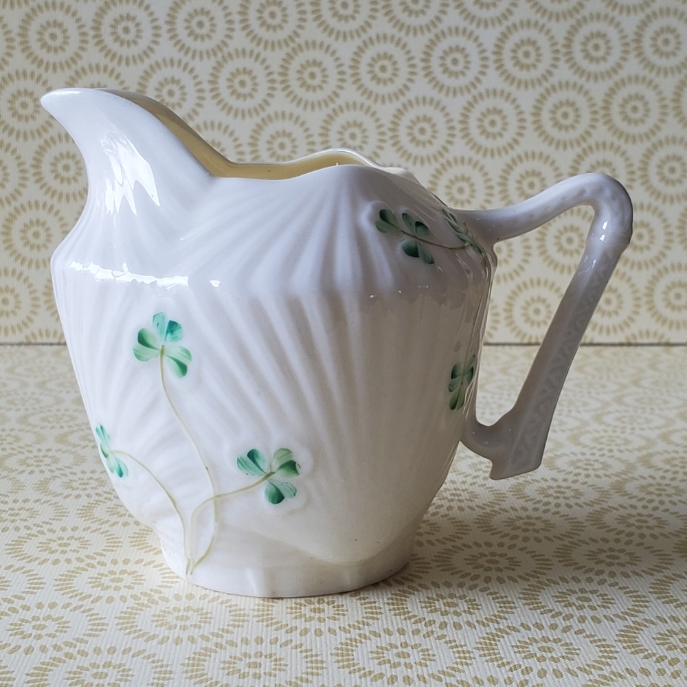 Belleek Ireland Porcelain Creamer Shamrock  Harp Handle 4th Green Mark Vintage